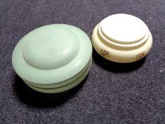 A 20th century textured green glass and gilt hanging light shade together with one other