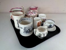 A group of Masonic wares comprising a Sunderland lustre jug (lacks handle),