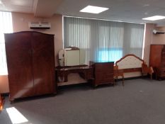 A four piece Queen Anne style bedroom suite : double door wardrobe, mirror backed dressing table,