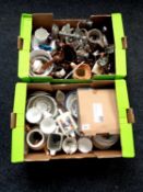 Two boxes containing 20th century English pottery and silver plated wares, candelabrum,