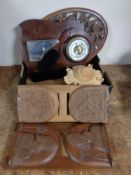 A box containing antique and later wooden pieces to include book slides, wooden trivet,