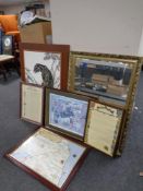 A gilt framed mirror together with a mining memories of the Northumberland coal fields signed