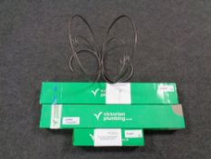 A boxed Victorian Plumbing thermostatic bar shower valve together with a shower riser kit and a