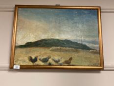 Continental school : Chickens at sunrise, oil on canvas,