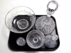 A tray containing glassware to include lead crystal cut glass ship's decanters, bowl,