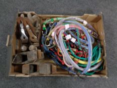 A box of four woodworking planes together with a quantity of bungee cords