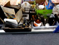 Two boxes containing plated wares, kitchen electricals, fondue set,