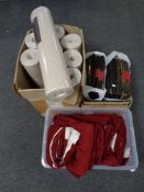 A box of curtains together with two further boxes containing carpet tiles and textured vinyl