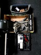 A box of cased Sony video camera, Cam Link VMX3800 radio cd cassette player,