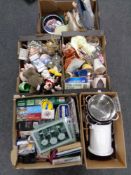 Five boxes of miscellany to include shoes, poker chips, jigsaws, china,