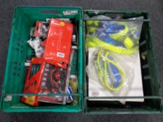 Two crates containing new tools to include chisel sets, drill bits, rasp, safety harnesses,