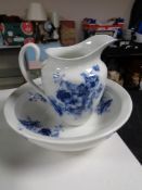 A Victorian blue and white jug and basin