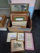 A box containing assorted framed pictures and prints including wool and needlework pictures,