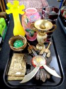A tray containing antique and later glass vases, glass paperweight, brass and onyx vase,