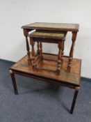 A copper topped table depicting the map of the world together with a nest of two oak tile topped