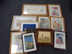 A box of assorted framed pictures and prints to include nursery prints,