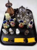 A tray containing antique copper half pint jug, miniature brass oil lamp,