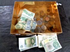 A box containing pre decimal copper coinage, crowns,