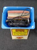 A box containing two Compaq Armada laptops with leads together with a quantity of vinyl LPs