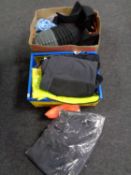 Two boxes containing assorted work wear to include high vis clothing and a large quantity of peaked
