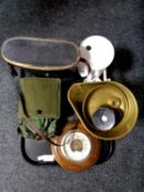 A tray containing Edwardian barometer, vintage kitchen scales with weights,