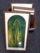 A box containing assorted framed pictures and prints to include Cyril Webber print, Hill top,