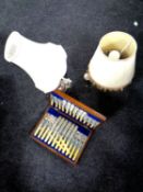 A pair of silver plated candlesticks converted to table lamps together with an Edwardian oak