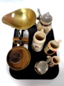 A tray containing a set of vintage enamelled Avery scales with brass pans and weights together with