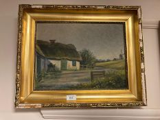 Kreimar-Nielsen : A thatched cottage by a windmill, oil on canvas,