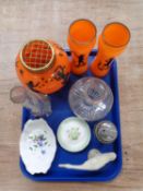 A tray containing antique and later glassware, Lladro figure of a duck,