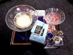 A tray containing boxed and unboxed crystal to include Thomas Webb crystal bowl,