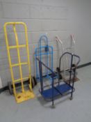 A Clarke sack barrow together with two further sack barrows and a metal trolley