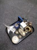 A tray containing miscellaneous to include a table lighter in the form of a fighter jet,