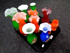 A tray containing 11 assorted hand painted and Venetian glass vases