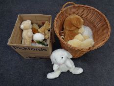 A box and a wicker basket containing a large quantity of soft toys