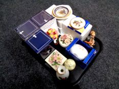A tray containing boxed and unboxed china to include Hummel figures and miniature plate,