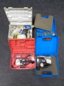 A cased Power Devil hammer drill together with cased jigsaw and sander,