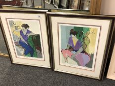 After Isaac Tarkay : Purple Ladies I and Purple Ladies II, pair of colour prints, limited edition,
