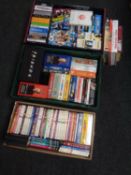 A box and two crates containing assorted DVDs and DVD box sets