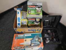 A box containing Black & Decker Scorpion saw, Draper grease gun, power sprayer,