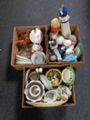 Three boxes containing miscellaneous to include planters, animal ornaments, hen egg dishes,