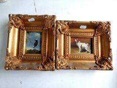 Two miniature oils on board depicting a dog and bird,