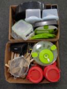 Two boxes containing kitchenalia to include utensils, plastic storage boxes, Pyrex dishes,