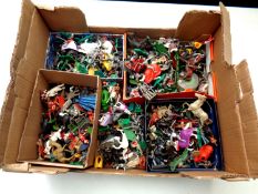A box of a large quantity of mid 20th century plastic soldiers to include Britains Swap It,