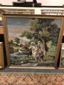 A gilt framed tapestry depicting a hunt,