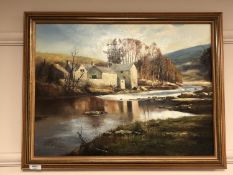 A Marshall : A river by stone buildings, oil on board,