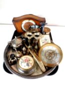 A tray of mid 20th century Bentima mantel clock, plated wares,