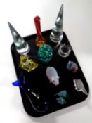 A tray containing assorted glassware to include animal paperweights, glass dump,