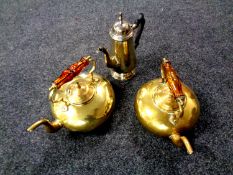 Two copper kettles by James Clews together with a plated teapot