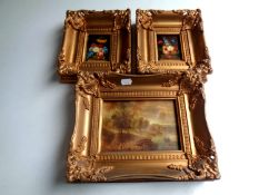 A pair of miniature oil on board still life studies in ornate gilt frame,